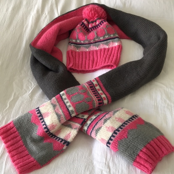 Gap Mohair Blend Winter Scarf and Hat Set Pink & Grey Fair Isle Pattern One Size - Picture 7 of 9